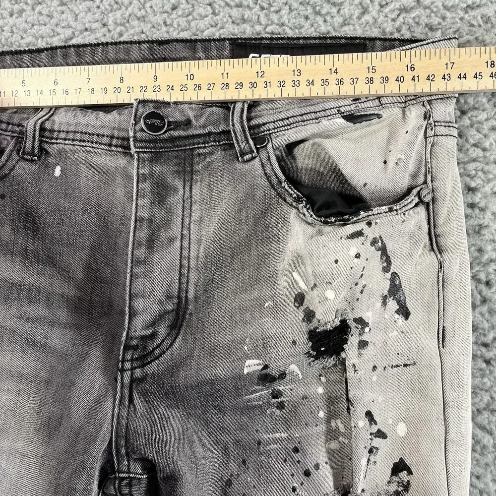 GFTD Los Angeles Mens Skinny Jeans 34x32 Gray Paint Splatter Distressed Ripped